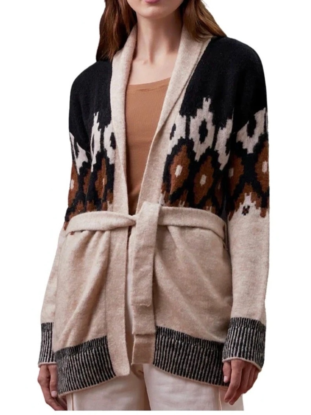Monrow Geometric Wrap Alpaca Blend Cardigan in Black & Brown Size Medium